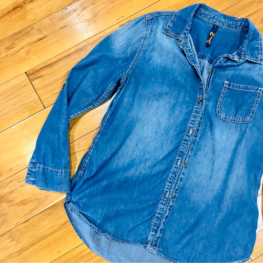 Seven 7 Blue Denim cotton Button-Up Shirt preppy beach rodeo western